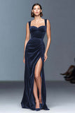 Burgundy Velvet Ruched Long Holiday Party Dress with Slit