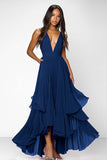 A Line Red Deep V-Neck Ruffled Long Formal Dress