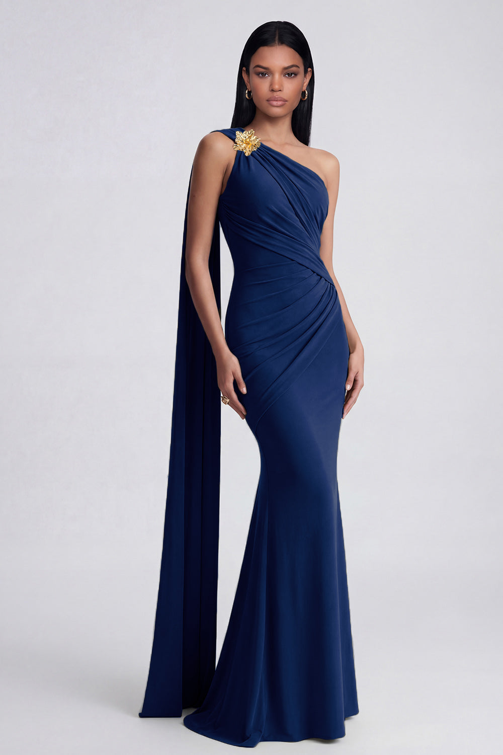 Olive Floral One Shoulder Ruched Long Mermaid Formal Dress with Side Cape