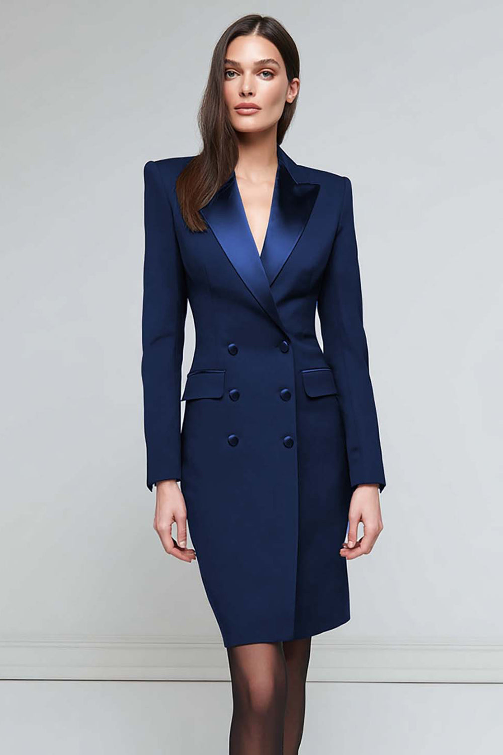 Black Satin Peak Lapel Pencil Short Blazer Dress with Sleeves
