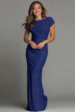 Navy Mermaid Boat Neck Long Formal Dress with Sleeves