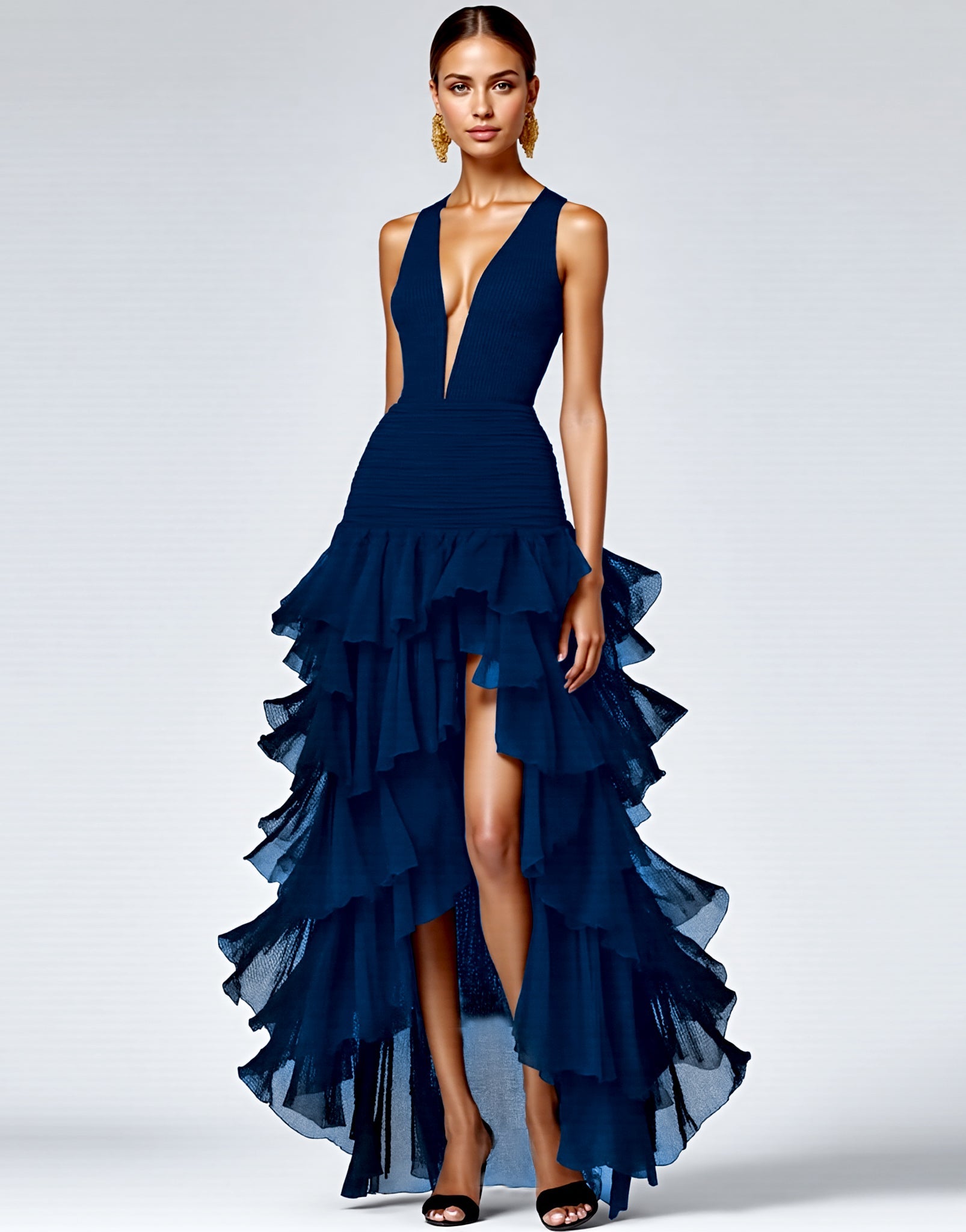 Royal Blue A Line Sleeveless V-Neck Tiered Long Formal Dress with Slit