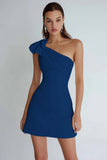 Ivory Satin One Shoulder Short A Line Graduation Dress with Bow