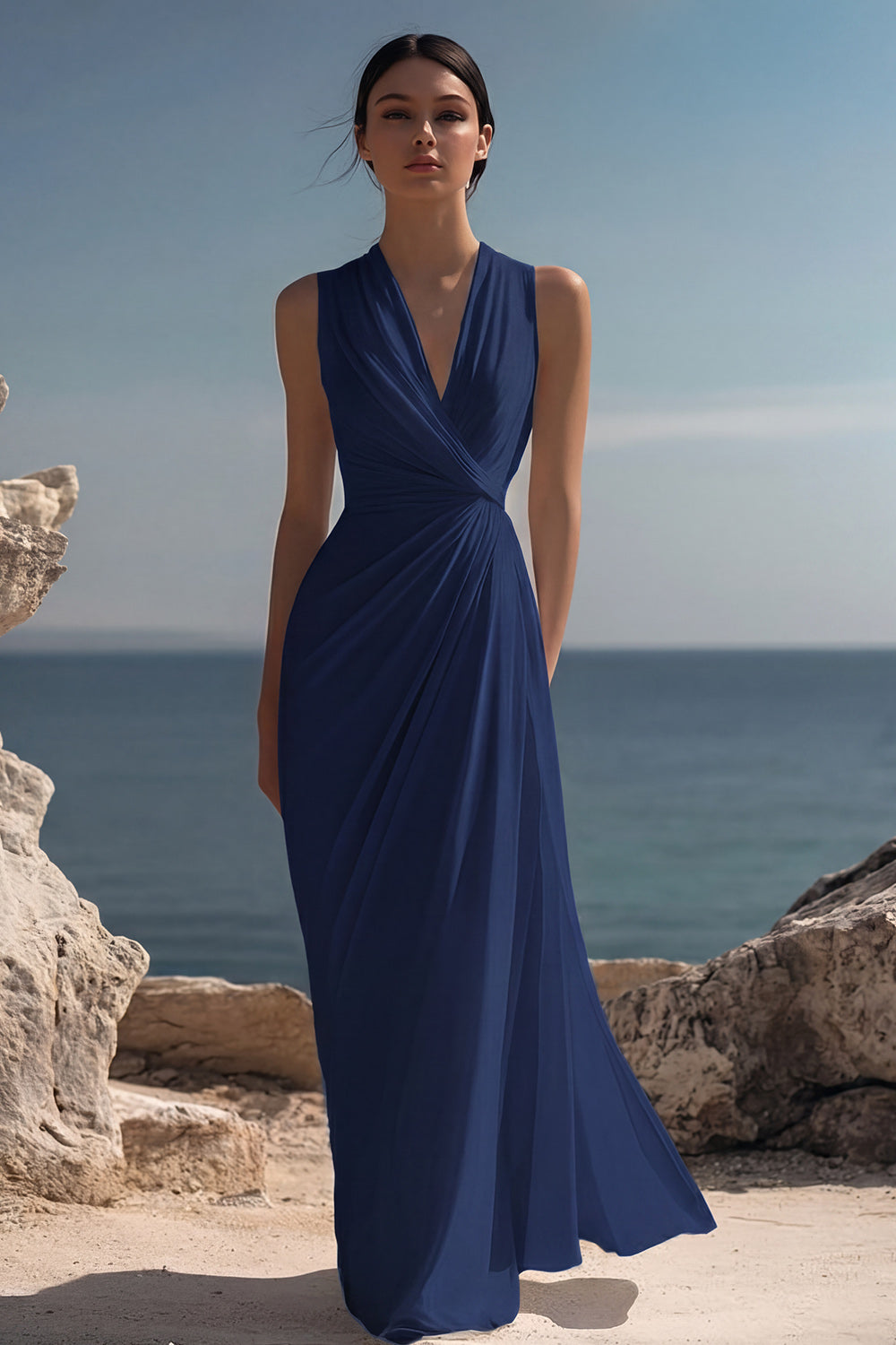 White Chiffon Sheath Ruched Sleeveless Long Rehearsal Dinner Dress