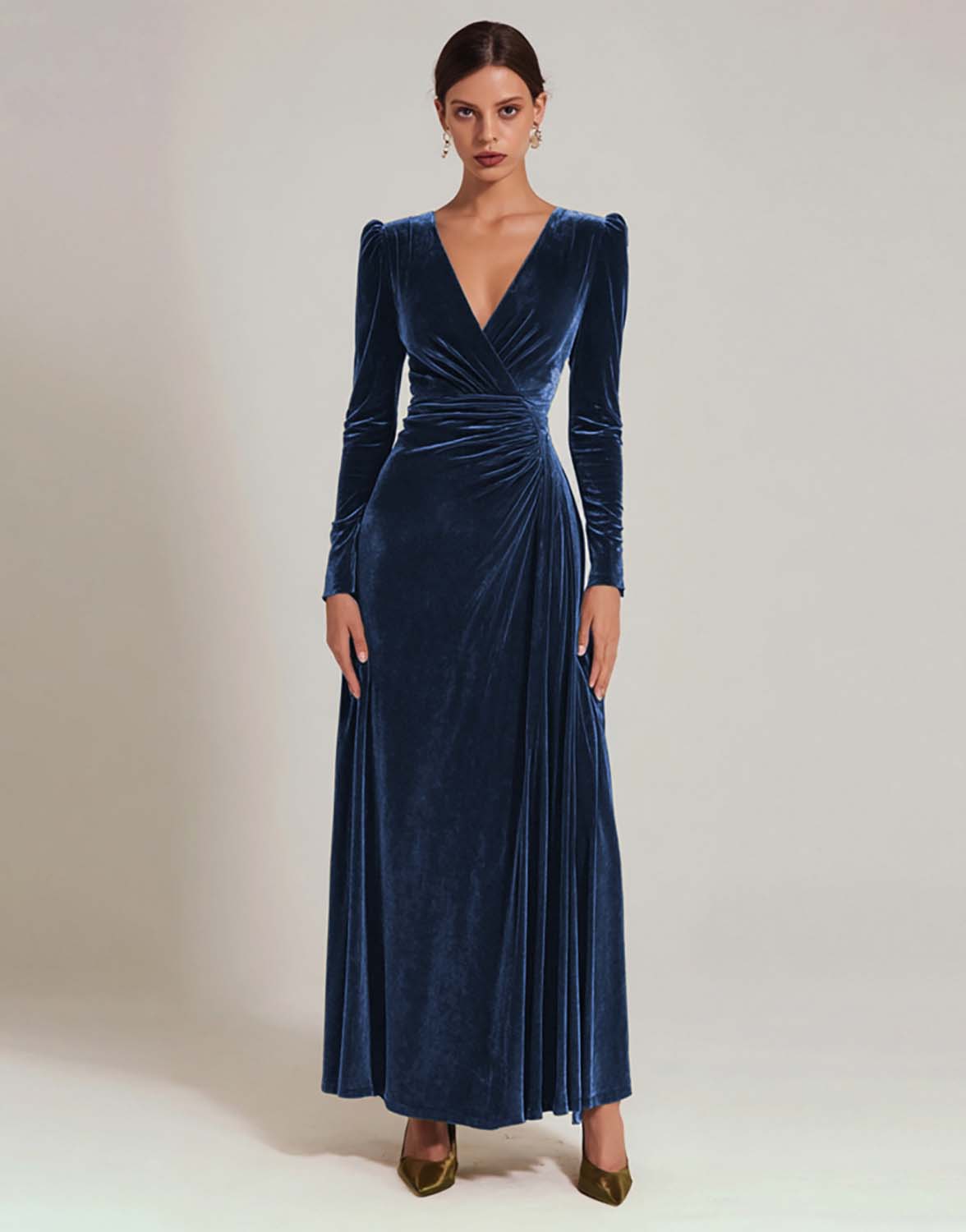 Zapakasa Women Olive Velvet Long Holiday Party Dress with Sleeves A Line V-Neck Evening Dress Zapakasa Women Olive Velvet Long Holiday Party Dress with Sleeves A Line V-Neck Evening Dress