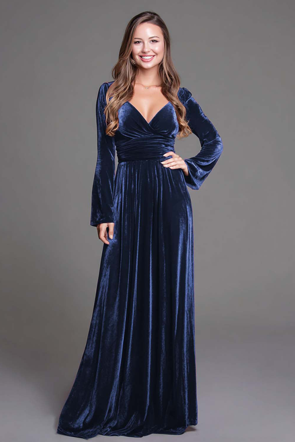 Burgundy Velvet A-Line V-Neck Long Holiday Party Dress with Sleeves