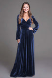 Burgundy Velvet A-Line V-Neck Long Holiday Party Dress with Sleeves