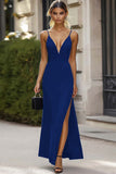 Black Deep V-Neck Satin Sheath Long Formal Dress with Slit