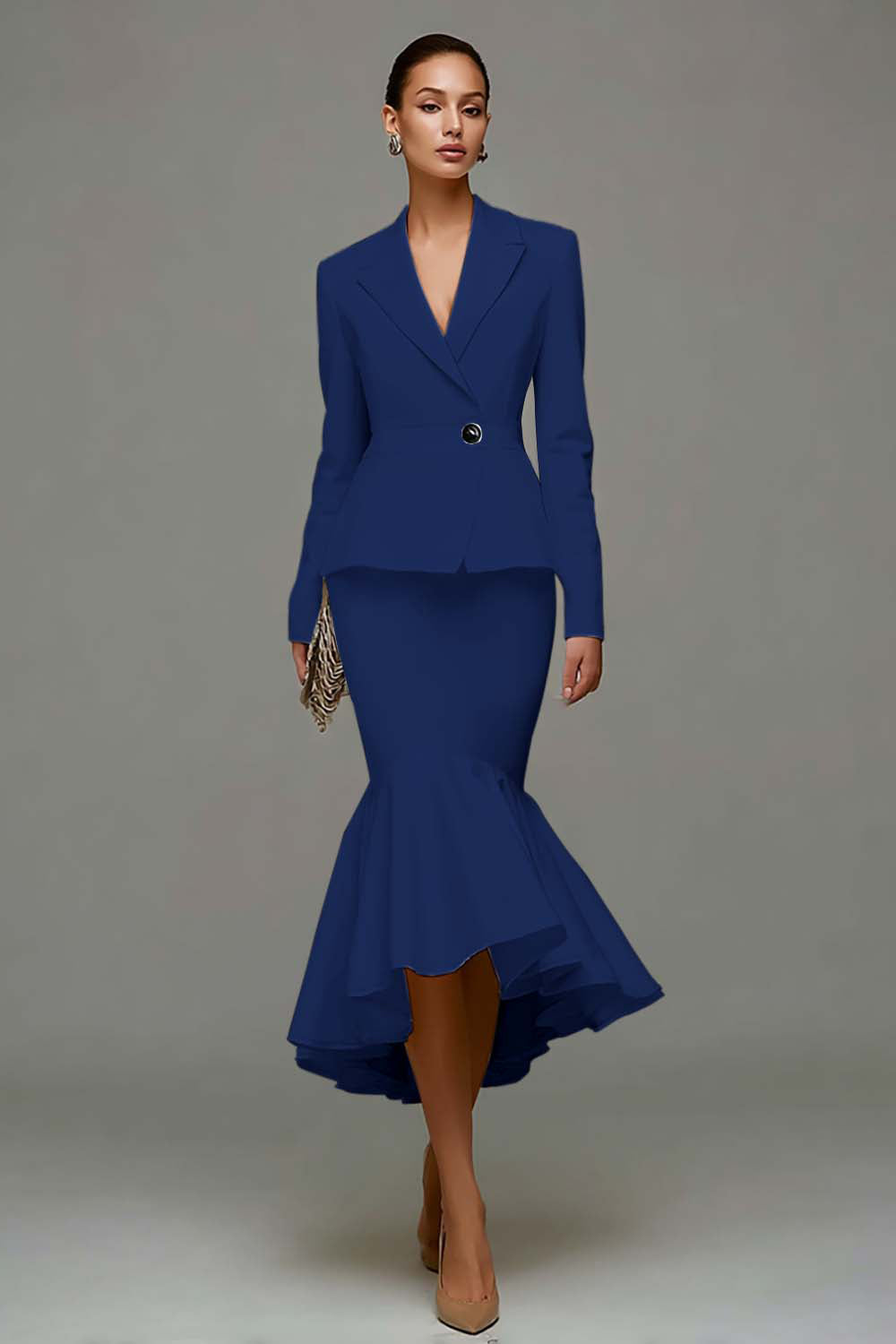 Ivory Satin Notched Lapel 2 Piece Midi Business Suits with Ruffles