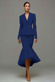 Ivory Satin Notched Lapel 2 Piece Midi Business Suits with Ruffles