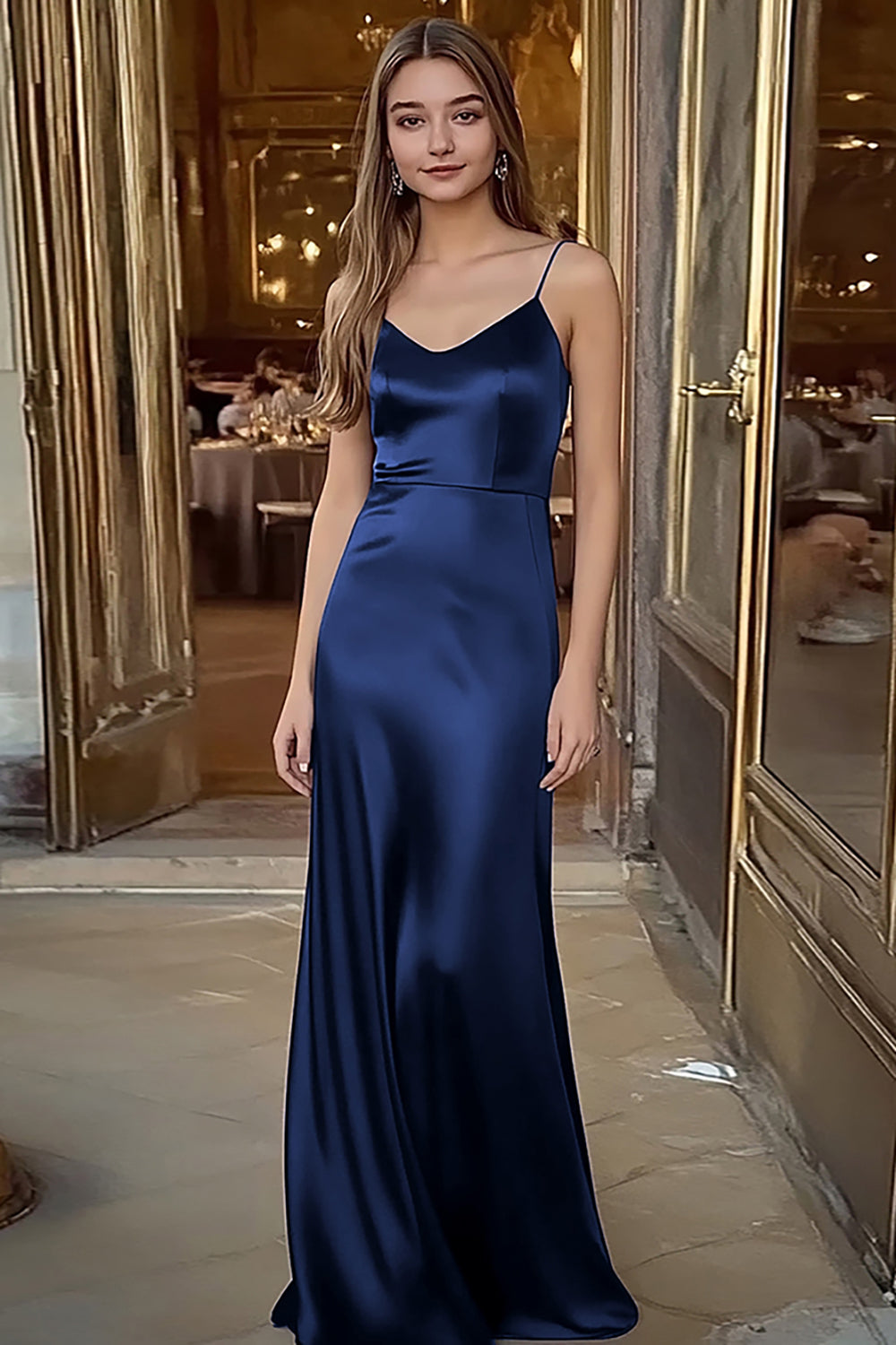 Coffee Sheath Satin Spaghetti Straps Long Formal Dress