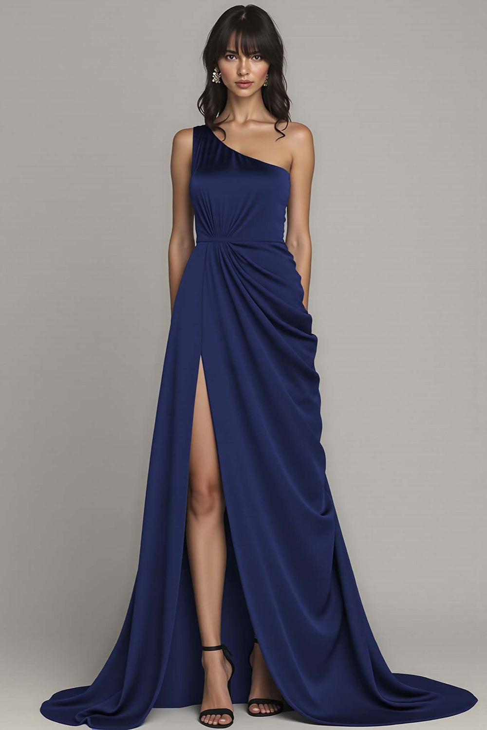 Black One Shoulder A Line Long Satin Formal Dress with Slit