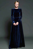 Simple Dark Purple Velvet A Line Long Holiday Party Dress with Sleeves