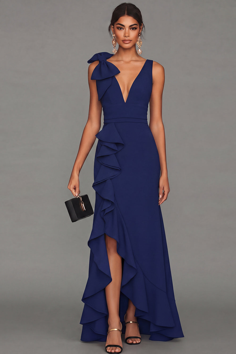 Black V-Neck Long Formal Dress with Ruffles