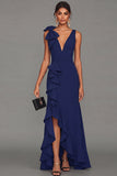 Black V-Neck Long Formal Dress with Ruffles
