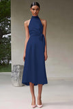 Pink Satin A Line Halter Knee-Length Formal Dress