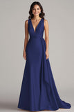 Champagne Satin V-Neck Mermaid Long Formal Dress