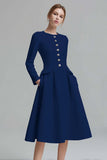 Ivory Tweed Long Sleeves A Line Midi Pageant Interview Dress with Pockets