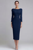 Simple Light Blue Pencil Boat Neck Midi Work Dress with Sleeves