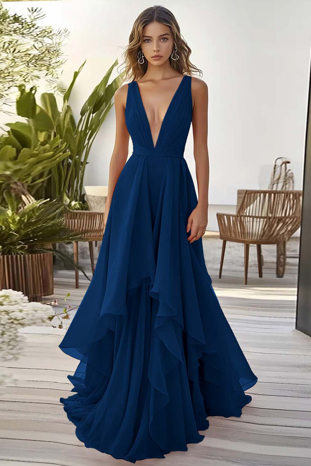 ZAPAKASA Women Orange Chiffon Deep V-Neck Long Wedding Guest Dress with Ruffles A Line Sleeveless Prom Dress ZAPAKASA Women Orange Chiffon Deep V-Neck Long Wedding Guest Dress with Ruffles A Line Sleeveless Prom Dress