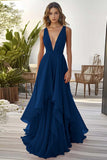 Orange Chiffon Deep V-Neck Long Wedding Guest Dress with Ruffles