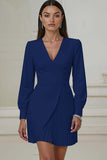 Ivory Pencil V-Neck Pleated Short Work Dress with Sleeves