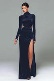 Black Velvet High Neck Sheath Long Sleeves Holiday Party Dress with Slit