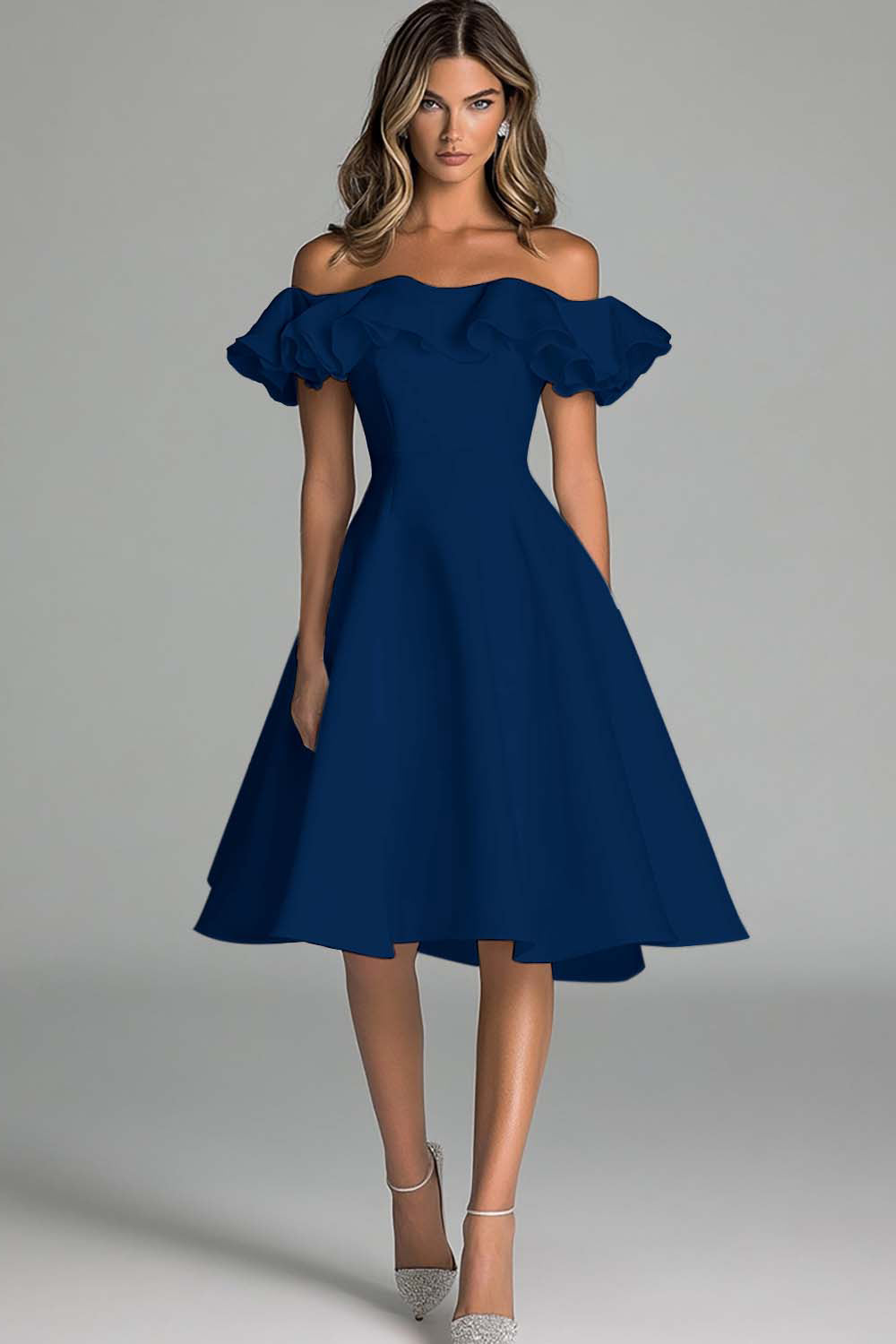 A Line White Satin Off the Shoulder Short Graduation Dress with Ruffles