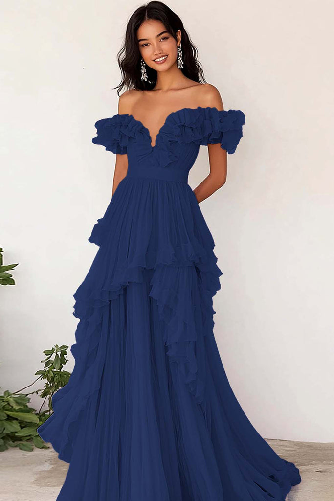 A-Line Cowl Neck Chiffon Ruffle Floor-length Dress Lilac
