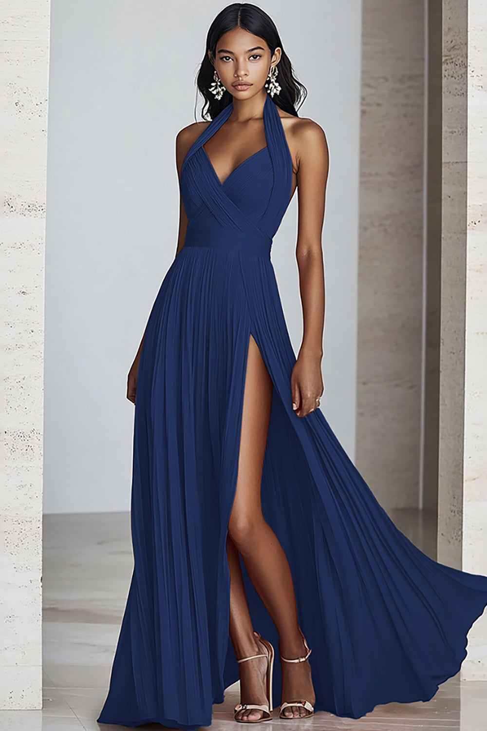 Zapakasa Women Black A Line Halter Neck Chiffon Formal Dress Pleated