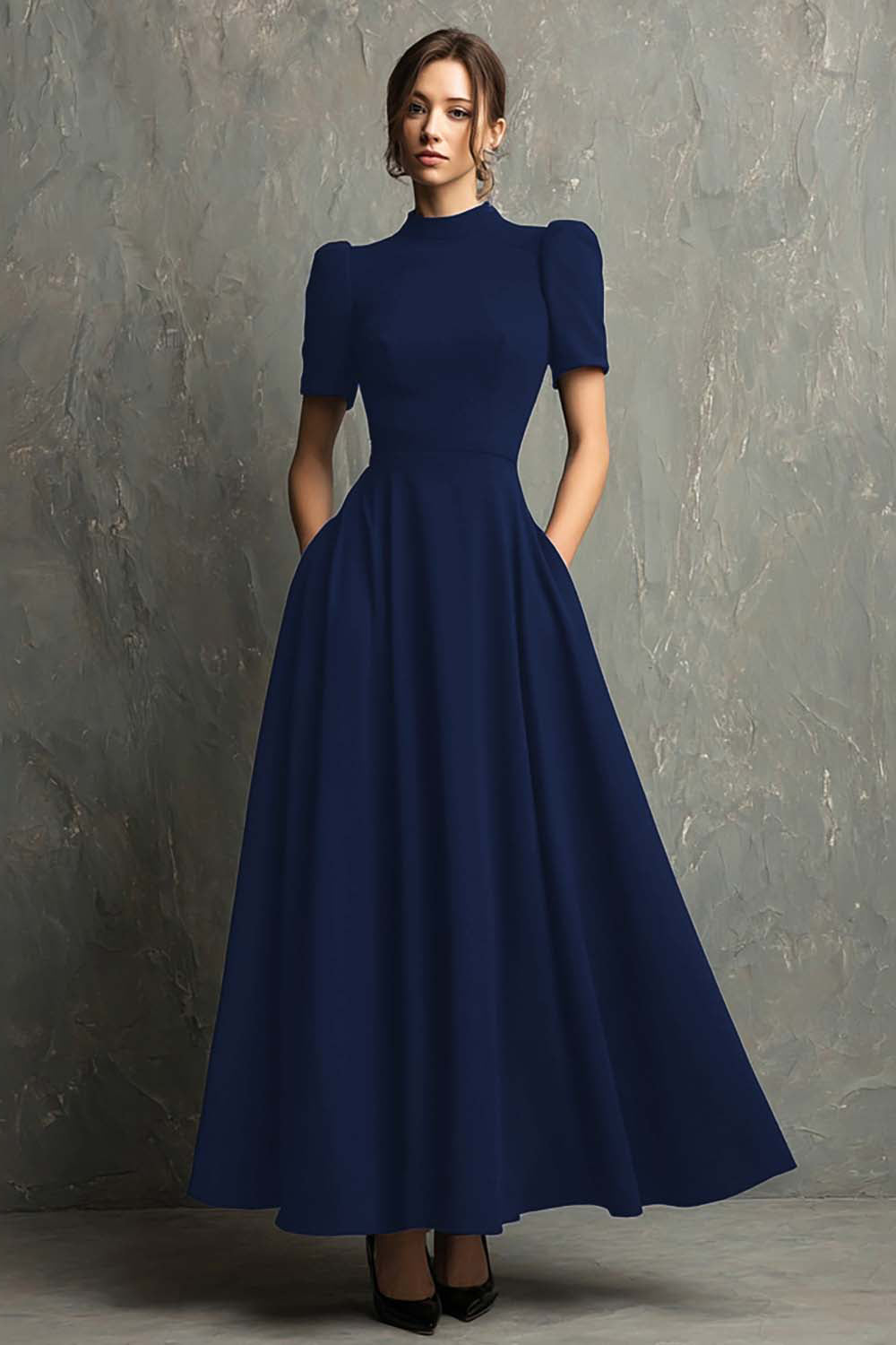 Black High Neck Short Sleeves A-Line Long Formal Dress with Pockets