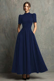 Black High Neck Short Sleeves A-Line Long Formal Dress with Pockets