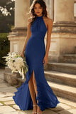 Dusty Sage Sheath Chiffon Halter Long Bridesmaid Dress with Slit