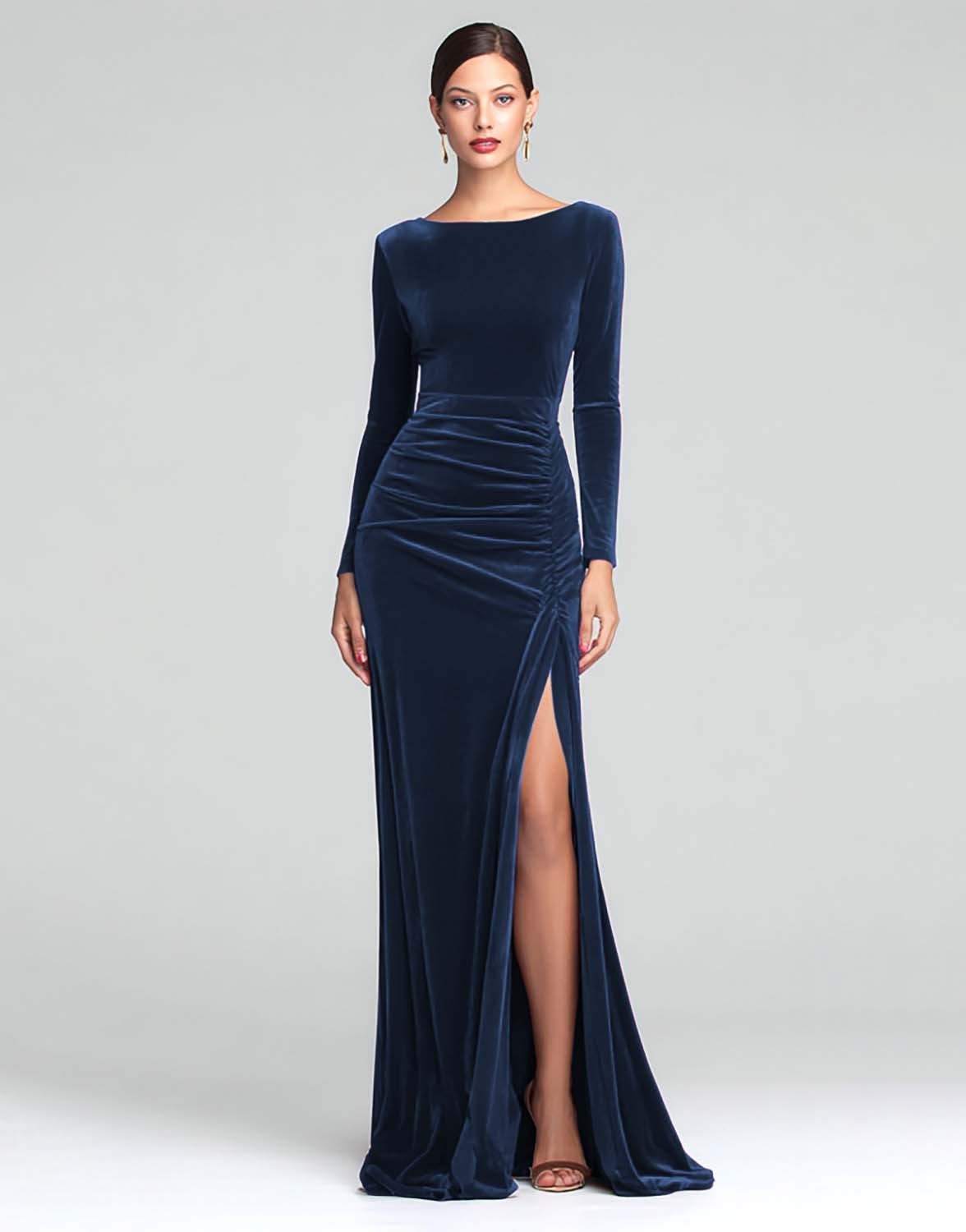 Burgundy Boat Neck Velvet Ruched Long Sleeves Holiday Party Dress