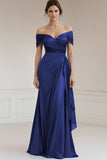 Grey Blue Satin Off the Shoulder Sheath Long Formal Dress