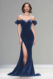Sparkly Burgundy Velvet Mermaid Long Holiday Party Dress with Beading