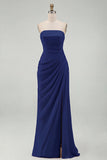 Light Pink Sheath Ruched Long Prom Dress with Slit