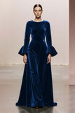 Dark Green Round Neck Velvet A Line Long Formal Dress with Sleeves