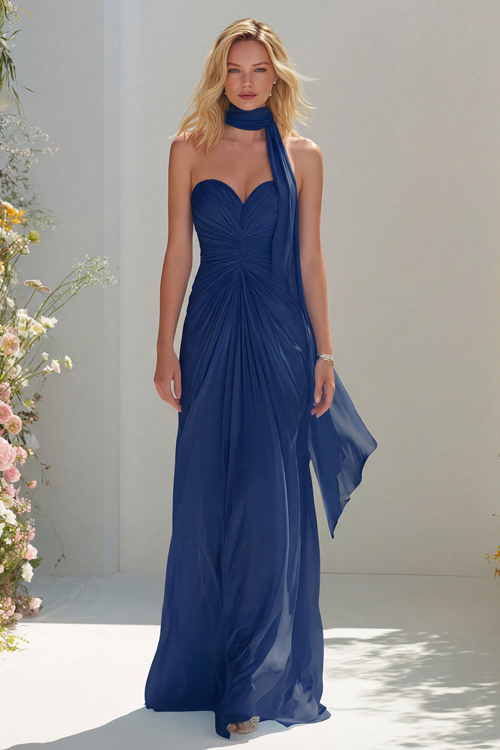 Sky Blue A Line Sweetheart Ruched Neck Scarf Long Prom Dress