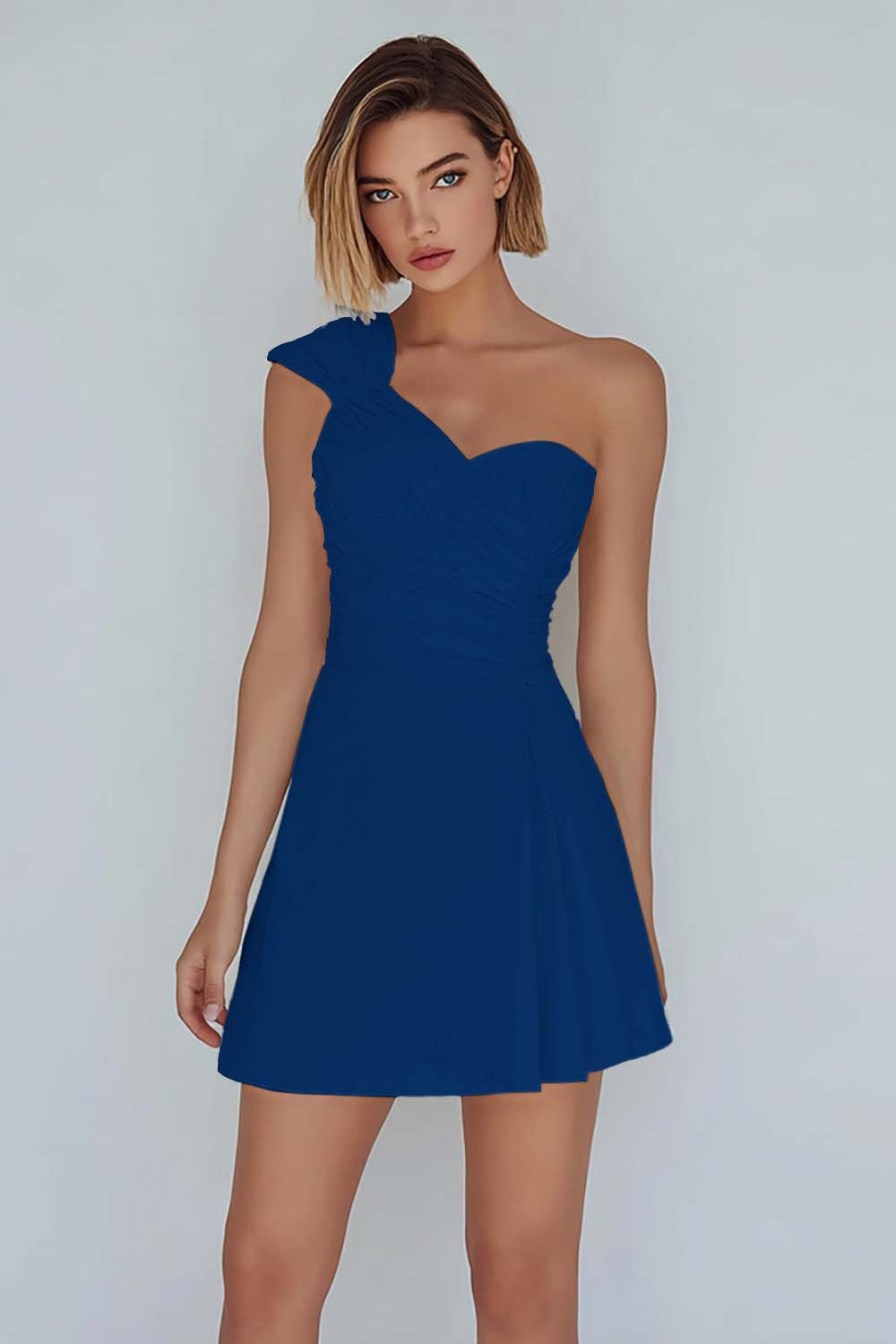 Ivory One Shoulder Satin Ruched Short A-Line Graduation Dress