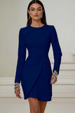 Ivory Pencil Pleated Round Neck Short Work Dress with Sleeves
