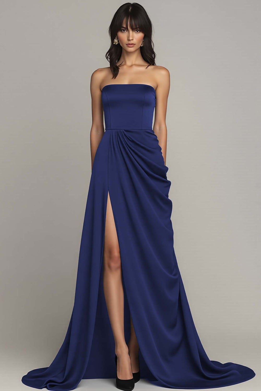 Black Strapless A Line Satin Long Formal Dress with Slit