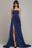 Black Strapless A Line Satin Long Formal Dress with Slit