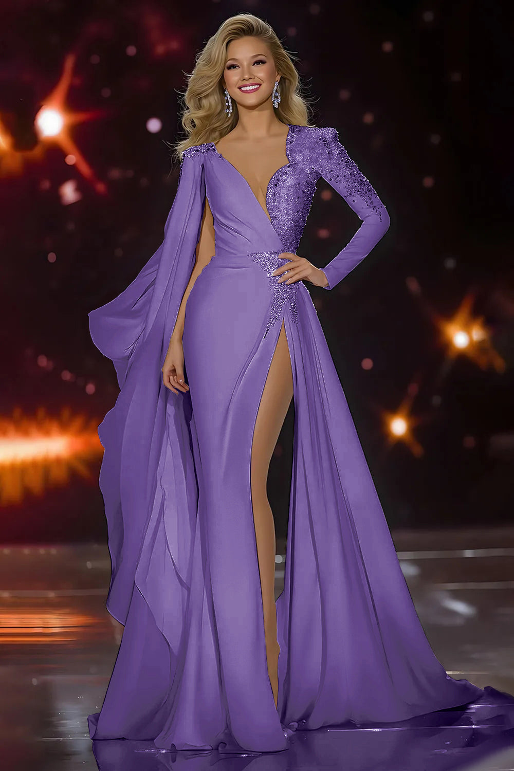 Sparkly White Mermaid Long Sleeves Pageant Dress with Slit