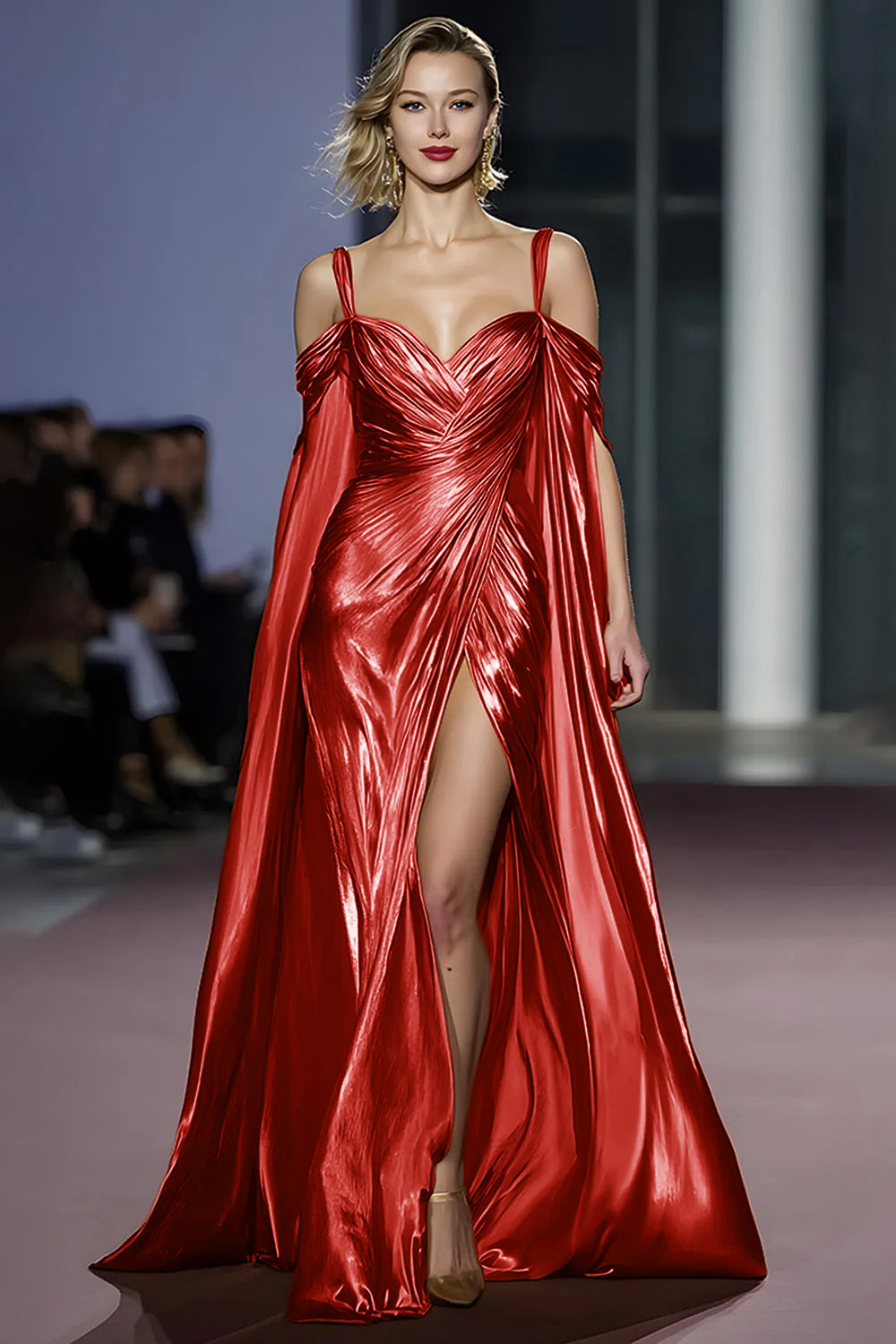Golden Cold Shoulder Metallic Long Gala Dress with Slit