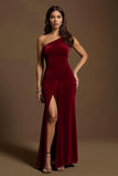 Dark Green Mermaid Velvet One Shoulder Long Holiday Party Dress with Slit