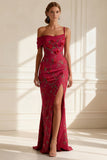 Floral Purple Mermaid Spaghetti Straps Long Prom Dress with Slit