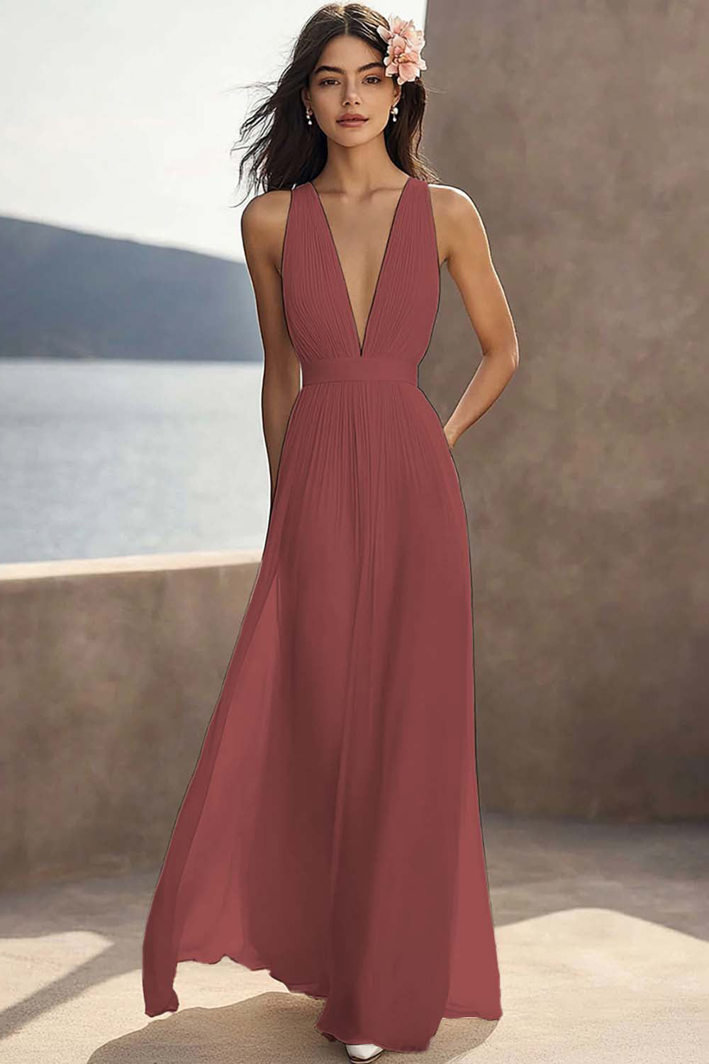 Chiffon Ivory Ruched Deep V-Neck Beach Maxi Engagement Dress