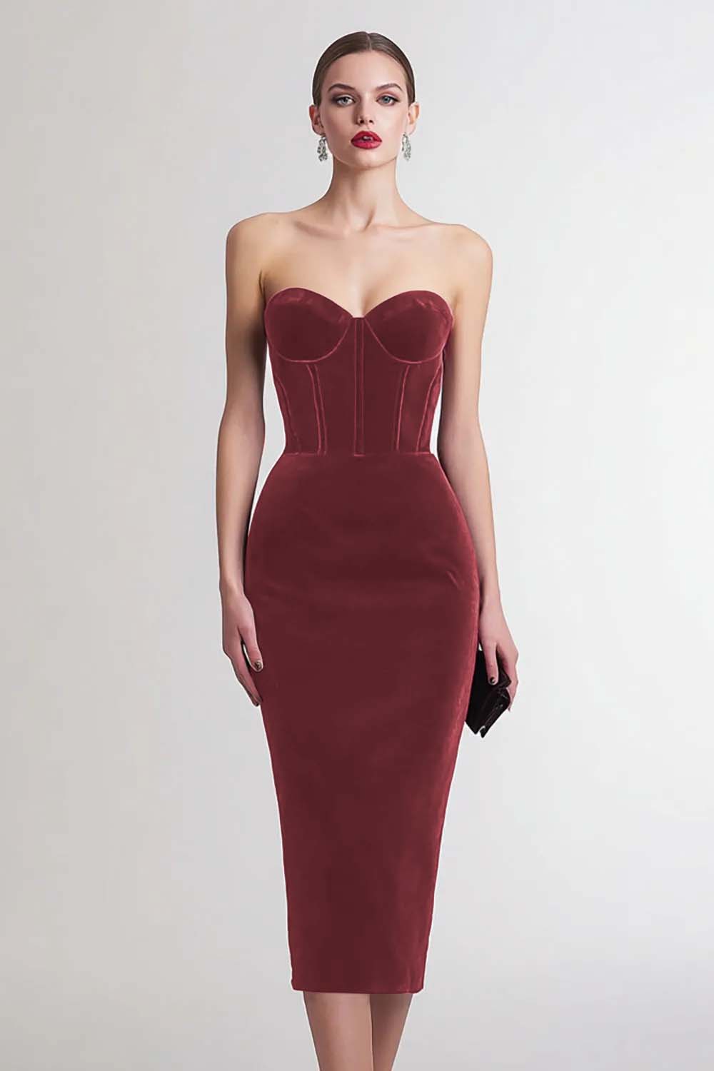 Burgundy Sheath Sweetheart Corset Midi Velvet Holiday Party Dress
