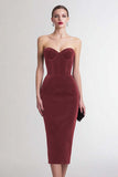 Burgundy Sheath Sweetheart Corset Midi Velvet Holiday Party Dress